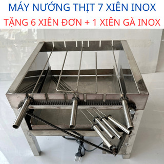 Máy nướng thịt xiên 7 xiên cao cấp - tặng kèm 6 xiên đơn và 1 xiên 3 inox .mô tơ 14w