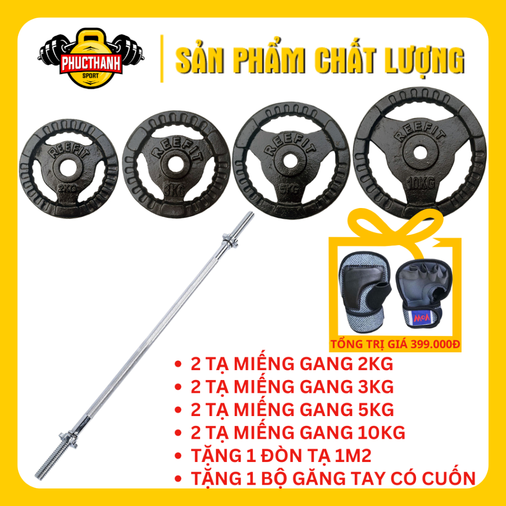 Bộ 2 tạ miếng gang tạ bánh gang 3 lỗ 2kg, 3kg, 5kg,10kg + tặng đòn tạ 1m2 và kèm găng tay