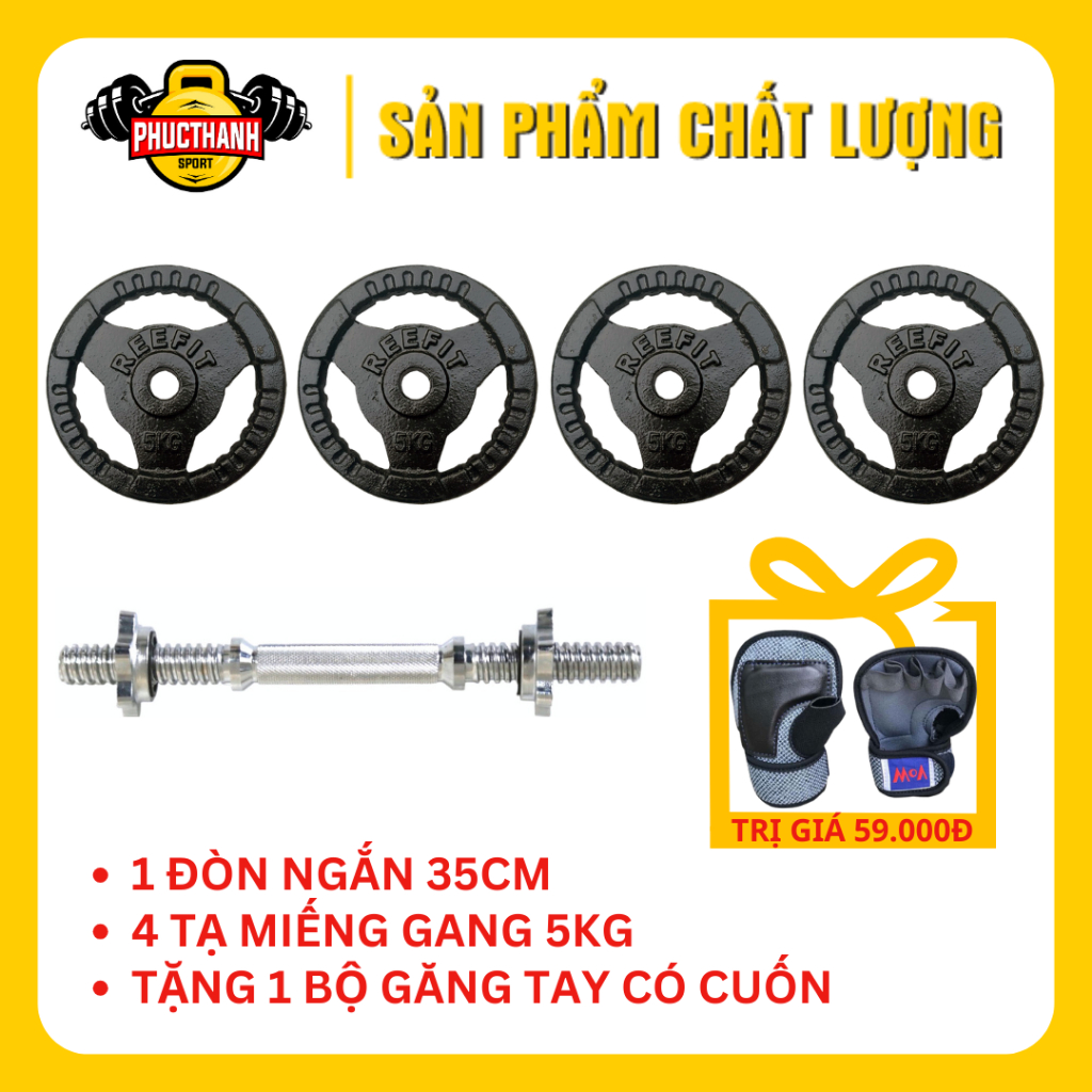 Bộ tạ tay tháo lắp miếng gang tạ bánh gang 3 lỗ 21.5kg (1 đòn 35cm + 4