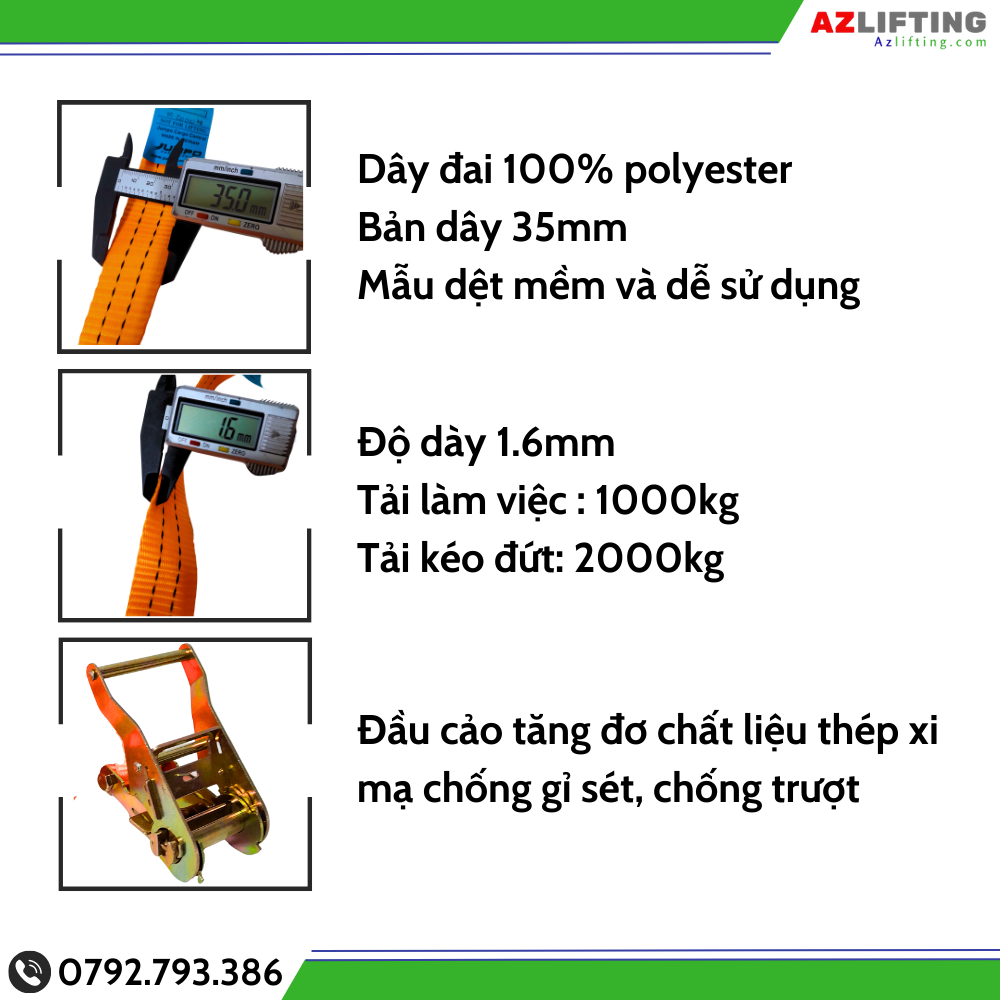 Dây tăng đơ chằng hàng bản 35mm tải 2000kg móc J màu cam. Dây đai chằng hàng xe máy, ô tô, xe tải, container siêu bền