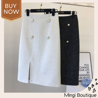 Chân váy dạ tweed dáng dài xẻ tà, Chân váy midi công sở thời trang nữ 2023