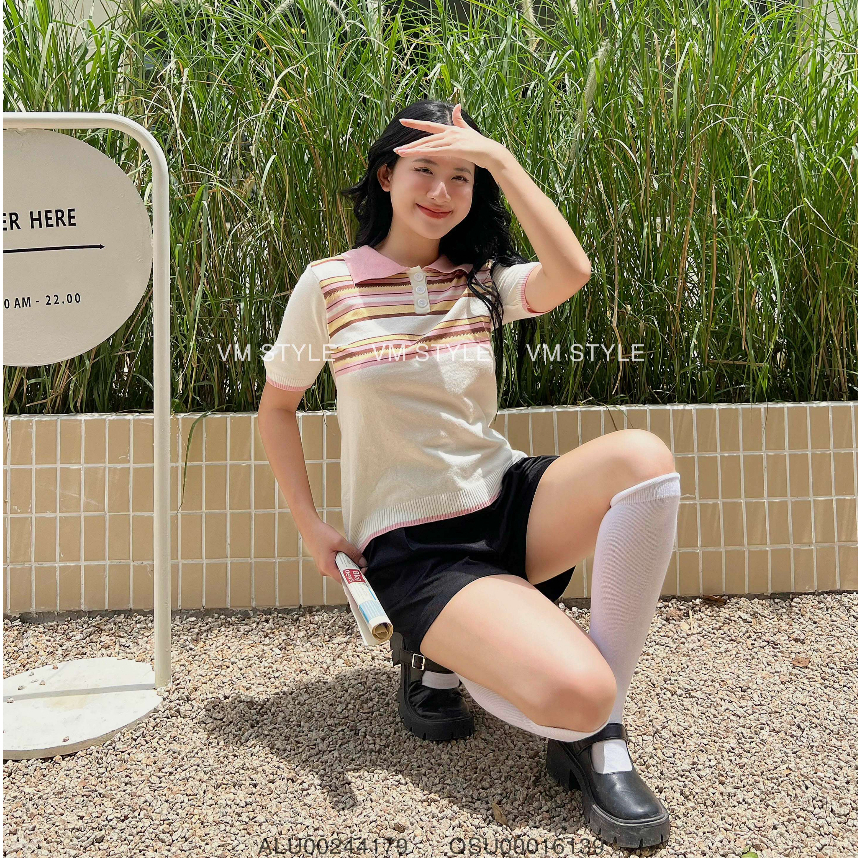 Áo len nữ VMSTYLE croptop tay ngắn cổ bẻ phối màu pastel dễ thương đi học, đi chơi thời trang thu đông 15133 - ALU00244