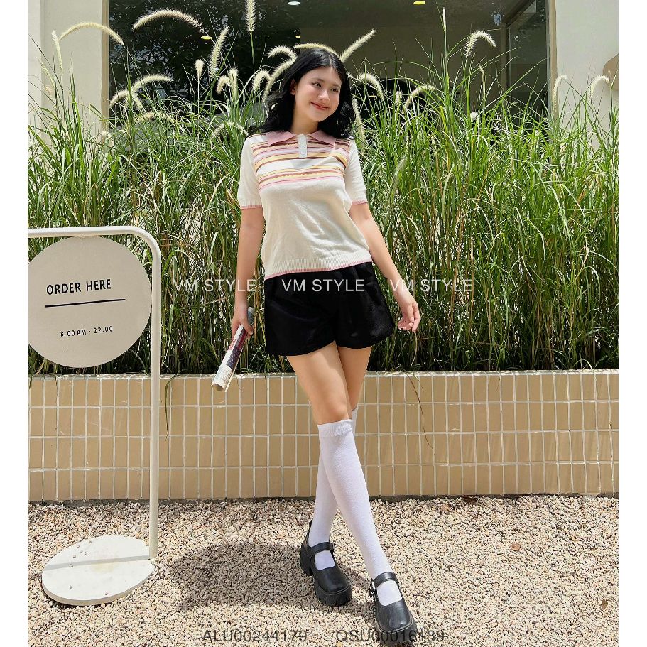 Áo len nữ VMSTYLE croptop tay ngắn cổ bẻ phối màu pastel dễ thương đi học, đi chơi thời trang thu đông 15133 - ALU00244