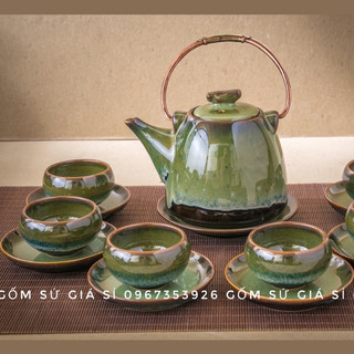 Bộ ấm trà men hoả biến chén lòng hoa xanh gốm sứ bát tràng
