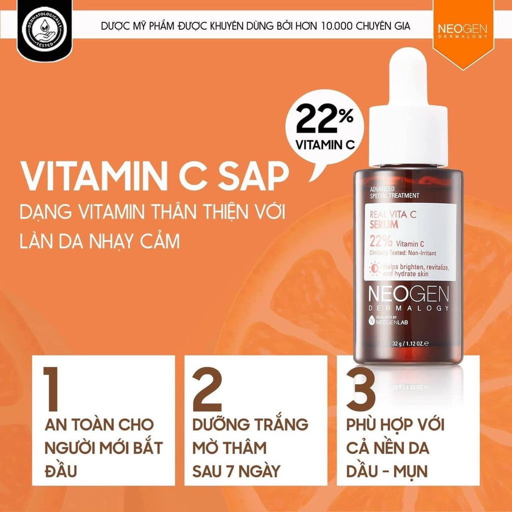 Serum Dưỡng Trắng, Mờ Thâm Nám Neogen Real Vita C 22% Vitamin C SAP Dành Cho Da Mụn, Nhạy Cảm