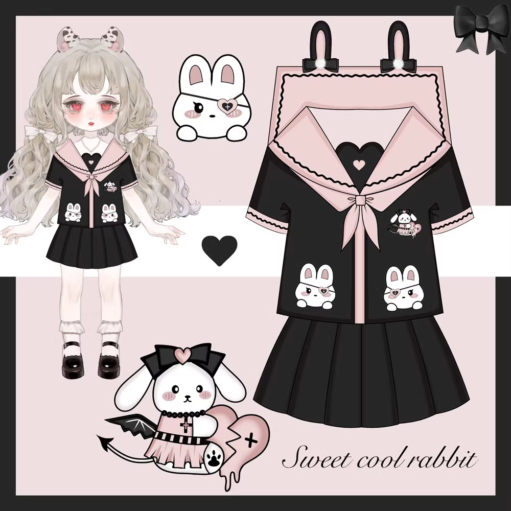 Sẵn [ Hàng Brand] Set váy jk đồng phục học sinh thỏ dễ thương màu đen