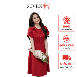 Đầm A tay cộc đỏ cổ tròn nơ bên phải nẹp giả đính cúc Seven.AM OD0038I