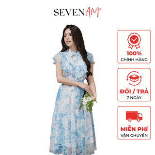 Đầm xoè cổ sơ mi phối bèo cách điệu thời trang nữ Seven.AM OD0025I