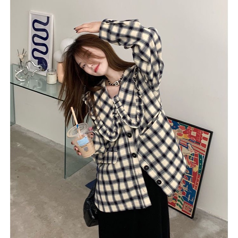 Set áo cardigan mỏng + áo sơ mi kẻ cổ bèo