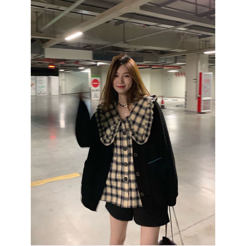 Set áo cardigan mỏng + áo sơ mi kẻ cổ bèo