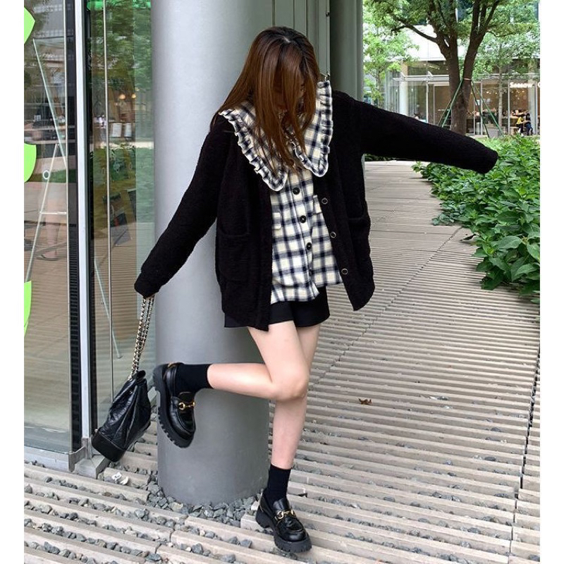 Set áo cardigan mỏng + áo sơ mi kẻ cổ bèo