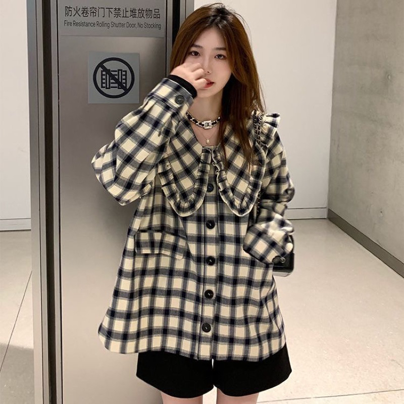 Set áo cardigan mỏng + áo sơ mi kẻ cổ bèo