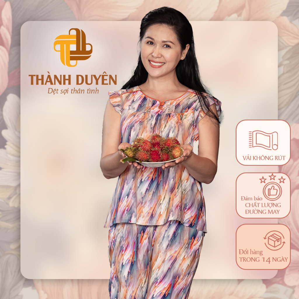 Đồ bộ Tole mặc nhà (Big Size) Thành Duyên hoa quần 9 tấc, tay cánh tiên, không rút, thoáng mát 1593CTT(1F)(06_23)