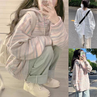 [ẢNH THẬT] SẴN Áo len hoodie có khoá kéo mũ len phối màu hồng pastel ngọt ngào nữ sinh thu đông ulzzang form chùm mông
