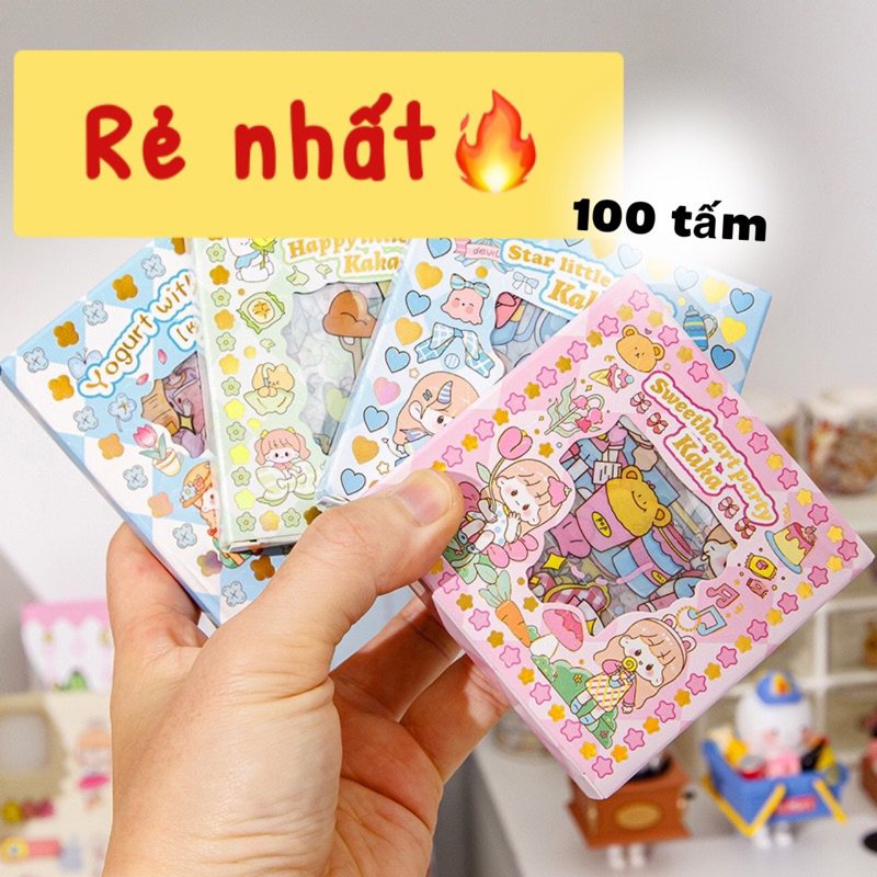 Hộp 100 tấm, 1000 sticker dễ thương dán trang trí bình nước, sổ tay, điện thoại - Tiệm Ốc Sột-ST015