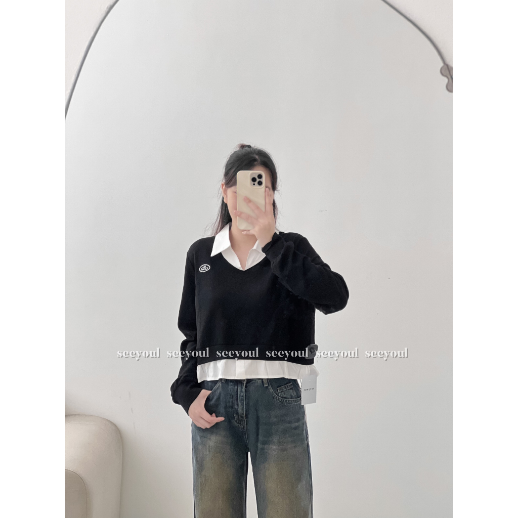 Áo dài tay pha cổ sơ mi -4421