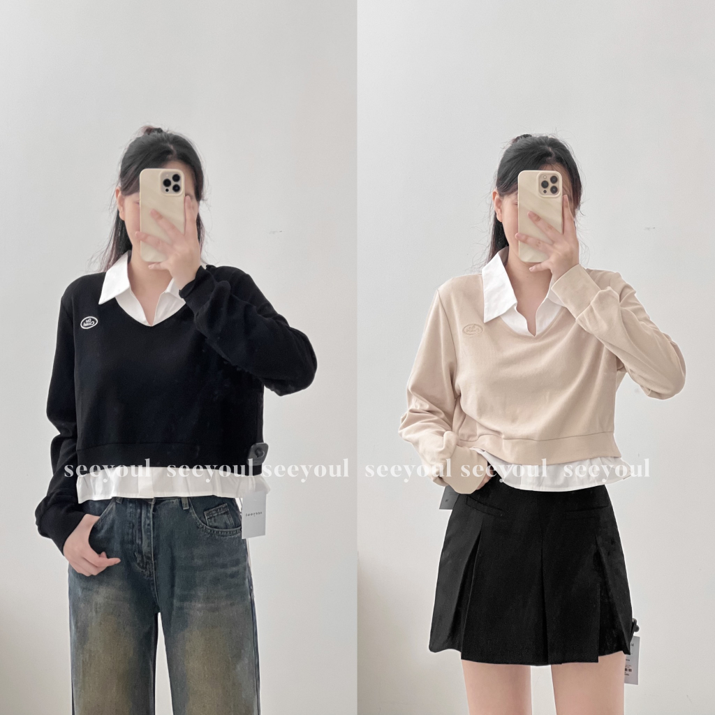 Áo dài tay pha cổ sơ mi -4421