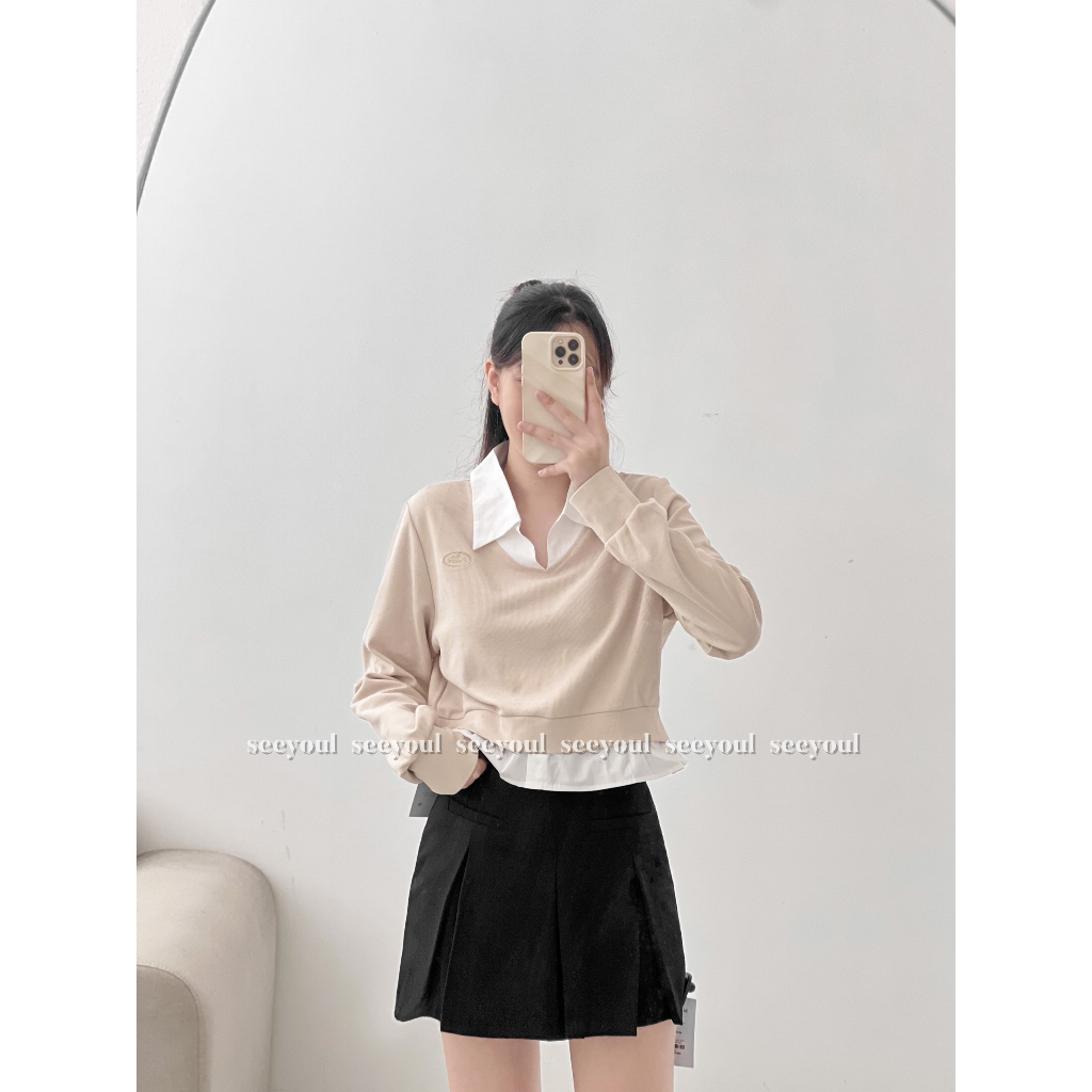 Áo dài tay pha cổ sơ mi -4421