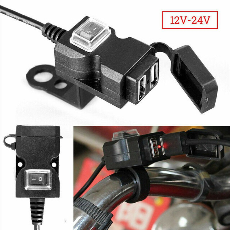 Tẩu sạc điện thoại nhanh xe máy,moto 2 cổng usb 12V-24V có công tắc,đèn báo chống nước qua kiểm duyệt an toàn fullbox