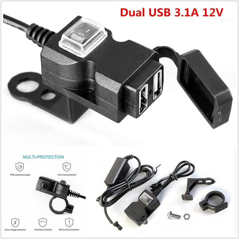 Tẩu sạc điện thoại nhanh xe máy,moto 2 cổng usb 12V-24V có công tắc,đèn báo chống nước qua kiểm duyệt an toàn fullbox