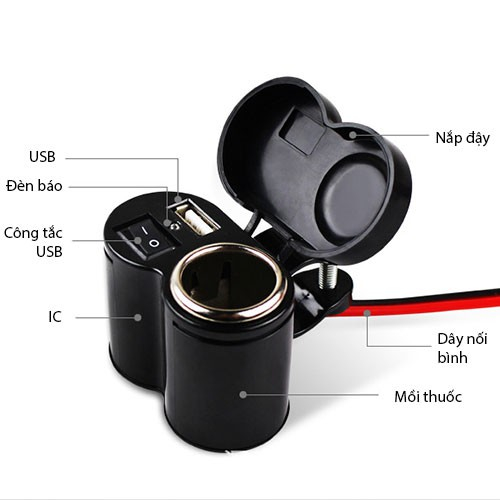 Sạc điện thoại gắn xe máy,moto 2in1 kim tẩu mồi lửa đa thông minh sạc nhanh,công tắc chống nước an toàn Full phụ kiện