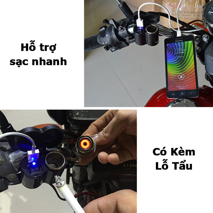 Sạc điện thoại gắn xe máy,moto 2in1 kim tẩu mồi lửa đa thông minh sạc nhanh,công tắc chống nước an toàn Full phụ kiện
