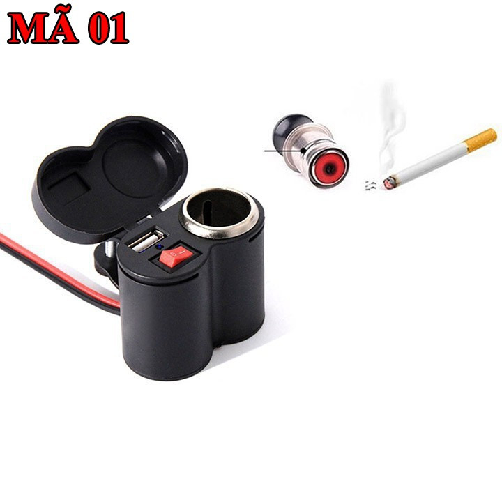 Sạc điện thoại gắn xe máy,moto 2in1 kim tẩu mồi lửa đa thông minh sạc nhanh,công tắc chống nước an toàn Full phụ kiện