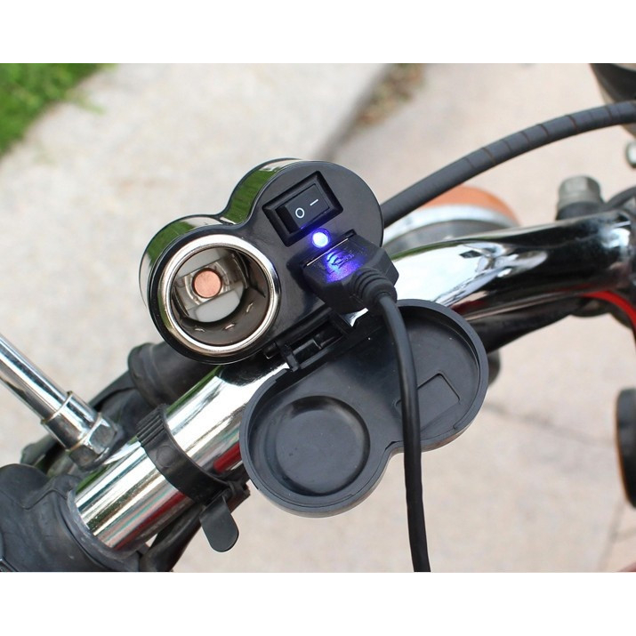 Sạc điện thoại gắn xe máy,moto 2in1 kim tẩu mồi lửa đa thông minh sạc nhanh,công tắc chống nước an toàn Full phụ kiện