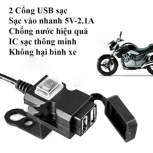 Tẩu sạc điện thoại nhanh xe máy,moto 2 cổng usb 12V-24V có công tắc,đèn báo chống nước qua kiểm duyệt an toàn fullbox