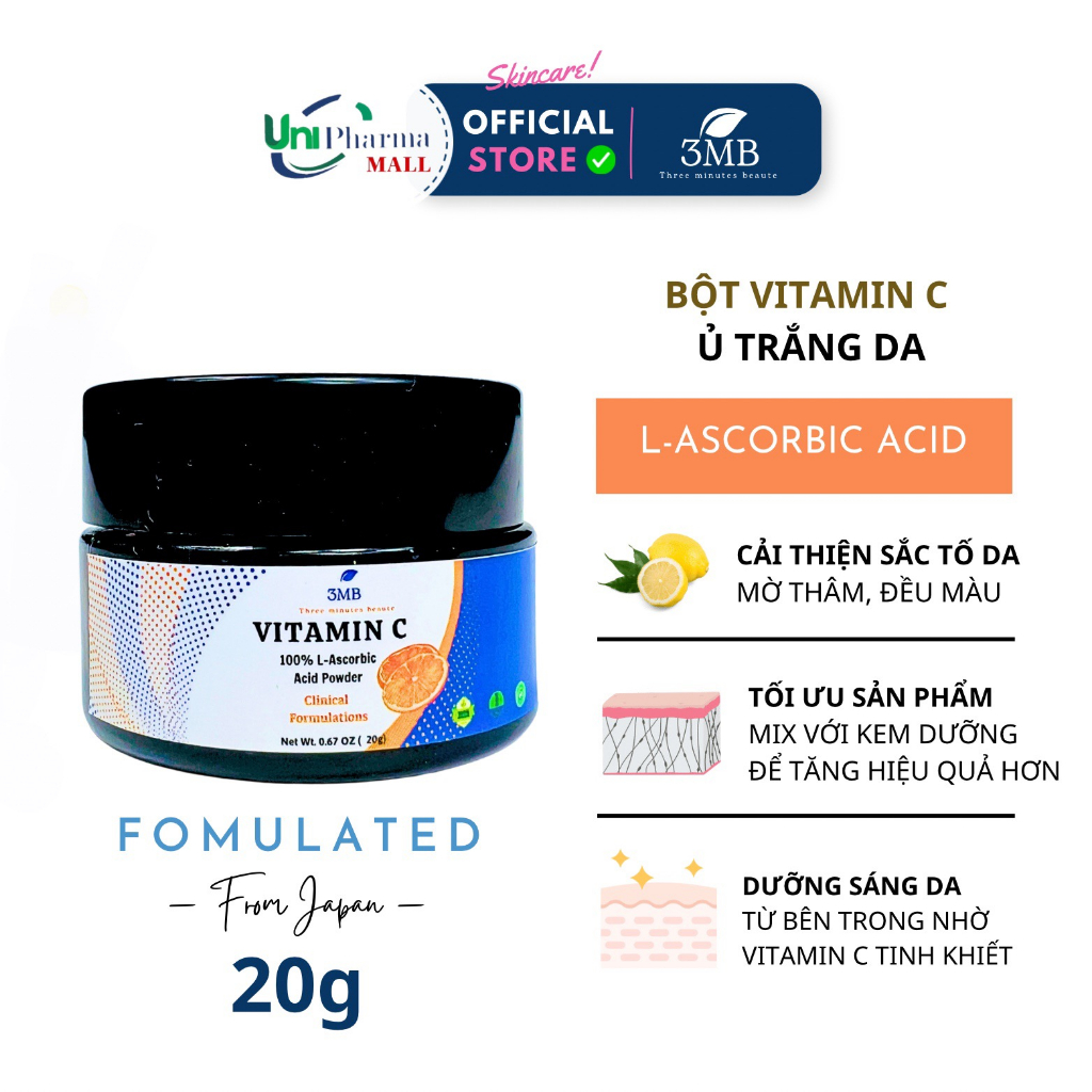 Bột Vitamin C Mờ Thâm Sáng Da 3MB 100% L-Ascorbic Acid Powder 20g