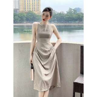 (2 màu) Váy chun túi xước thái váy túi sườn hai bên màu be