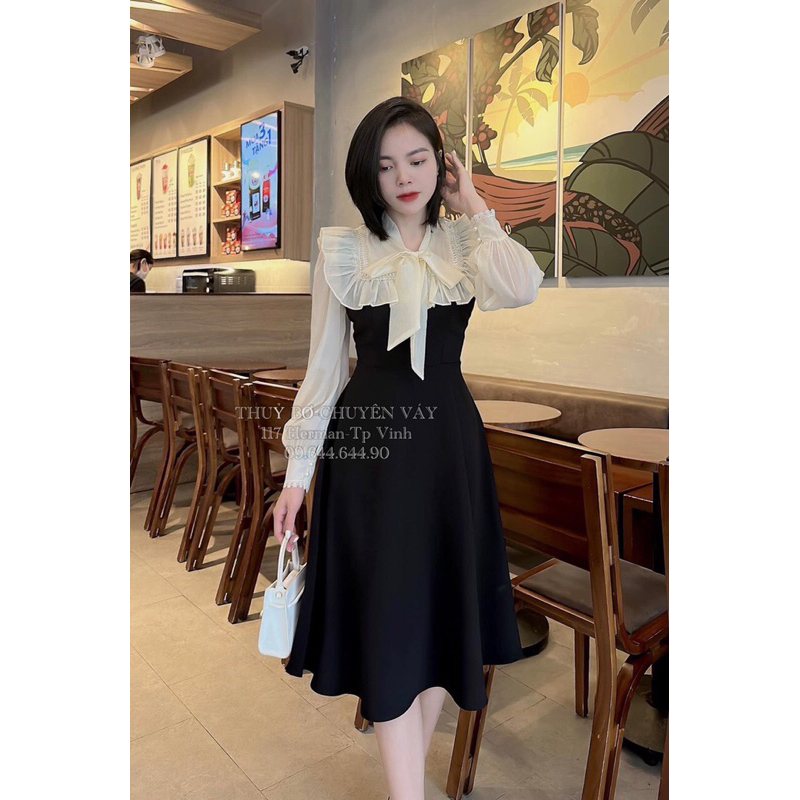 Váy Thiết Kế Cổ Nơ Viền Bèo Tay Dài