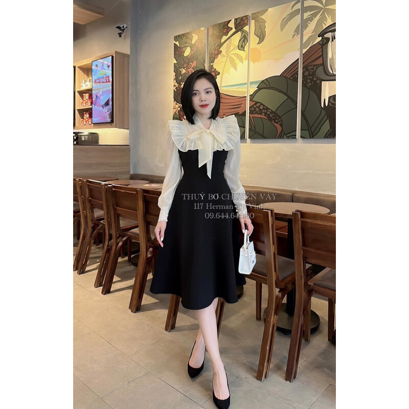 Váy Thiết Kế Cổ Nơ Viền Bèo Tay Dài