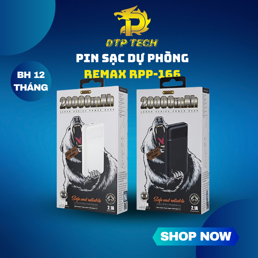 Pin Dự Phòng 20000mah Remax RPP-166 Lango Series Fast Charing 2.1A tích hợp 2 cổng USB