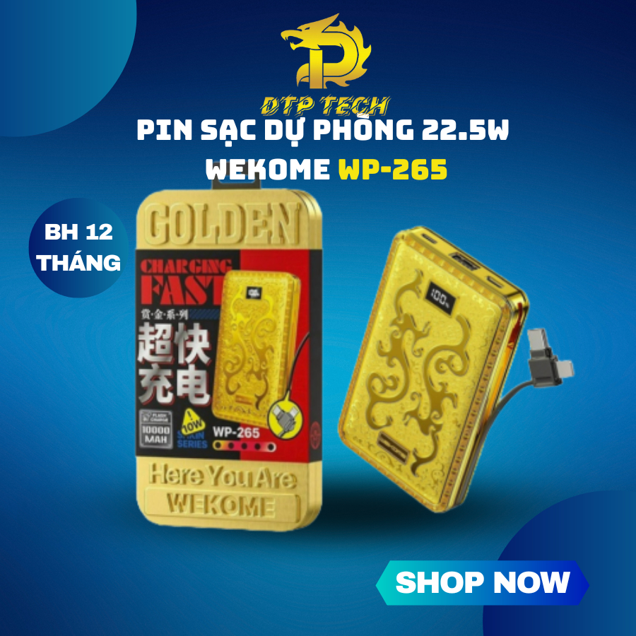 Pin Sạc Dự Phòng 10.000mah Mạ Vàng WEKOME WP-265 Tích Hợp Cáp Sạc Đa Năng Kiểu Dáng Sang Trọng Đẳng Cấp - BH 12 THÁNG