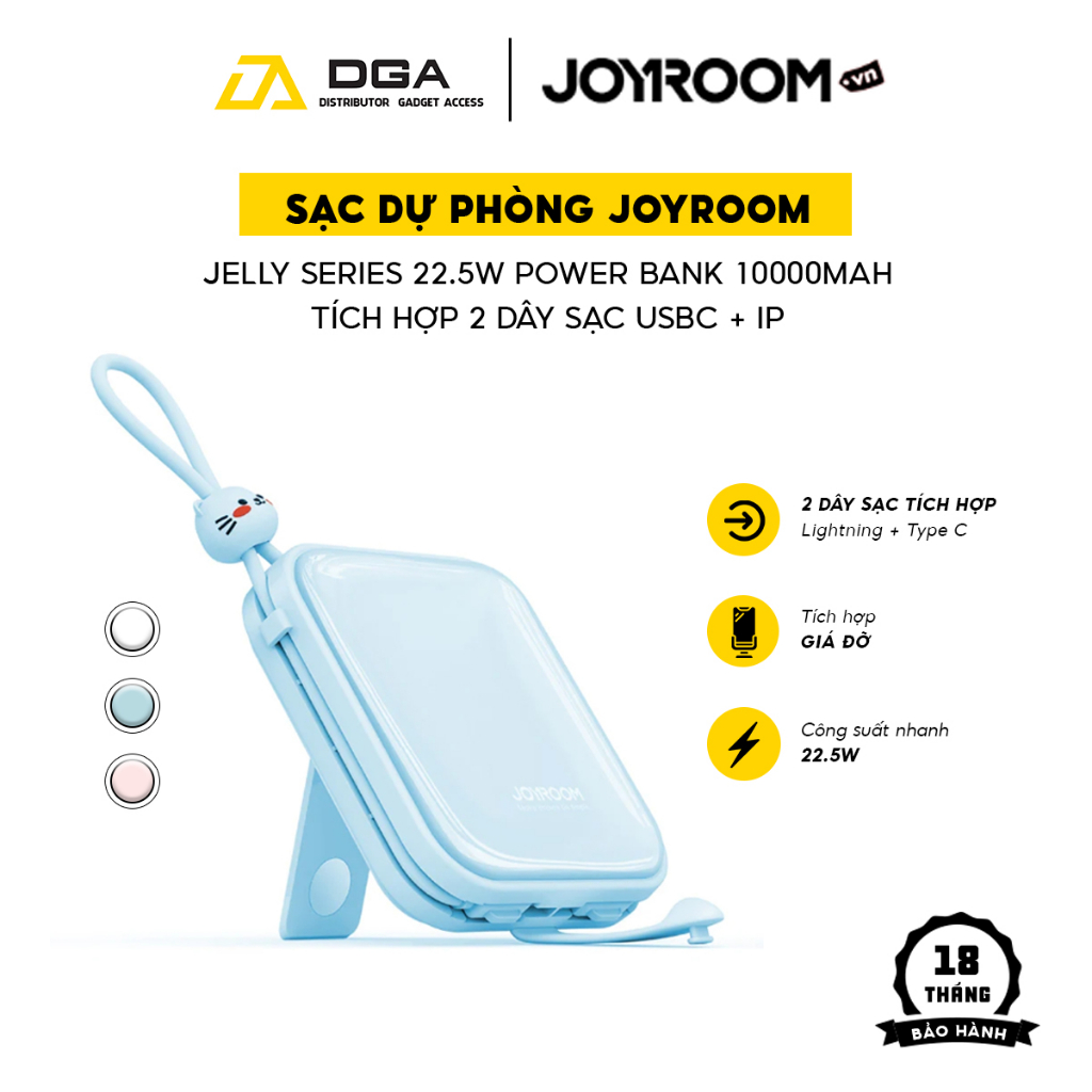 Sạc dự phòng Joyroom Jelly Series 22.5W Power Bank 10000mAh tích hợp 2 dây sạc USBC + iP