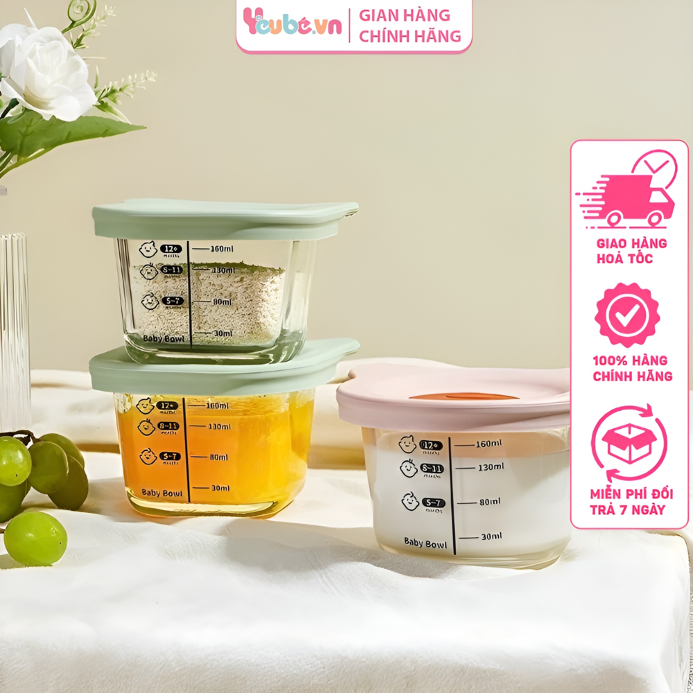 Hộp Thủy Tinh Nắp Dẻo Đựng Thực Phẩm YEUBEVN Cốc Nấu Cháo Trữ Đông Đồ Ăn Dặm Cho Bé