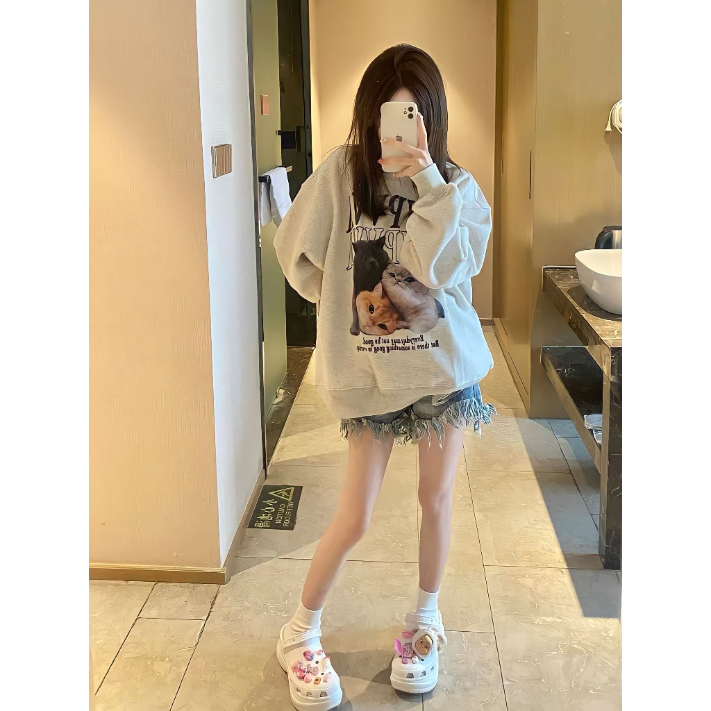 Áo Nỉ Hoodie Form Rộng Nữ In Hình Mèo Quảng Châu, Dáng Cute, Loại 1