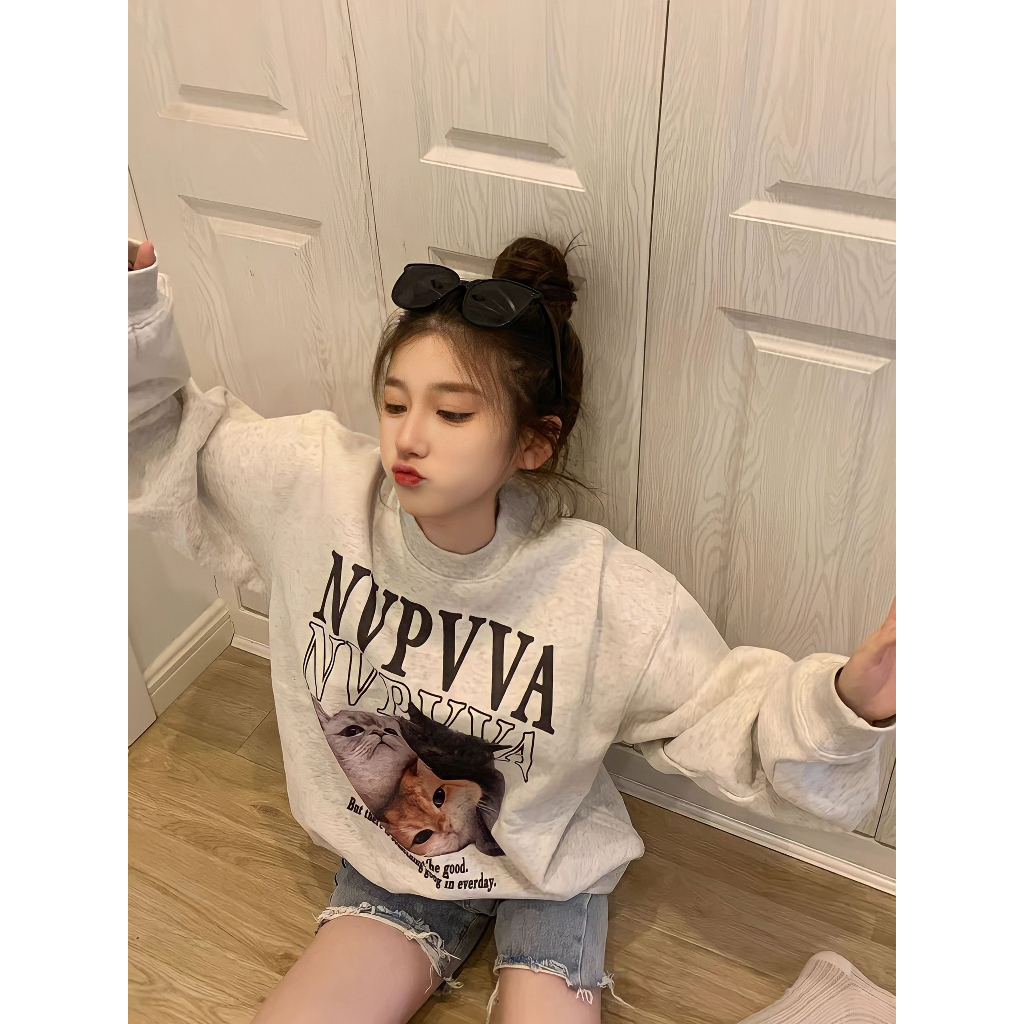 Áo Nỉ Hoodie Form Rộng Nữ In Hình Mèo Quảng Châu, Dáng Cute, Loại 1