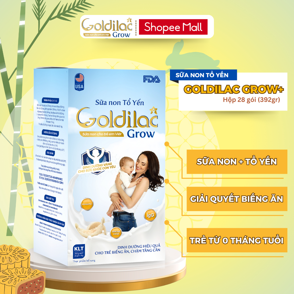 Sữa Non Tổ Yến Goldilac Grow hộp 392 gr 28 gói- Giúp Trẻ Ăn Ngon Tăng Cân & Đề Kháng Khoẻ