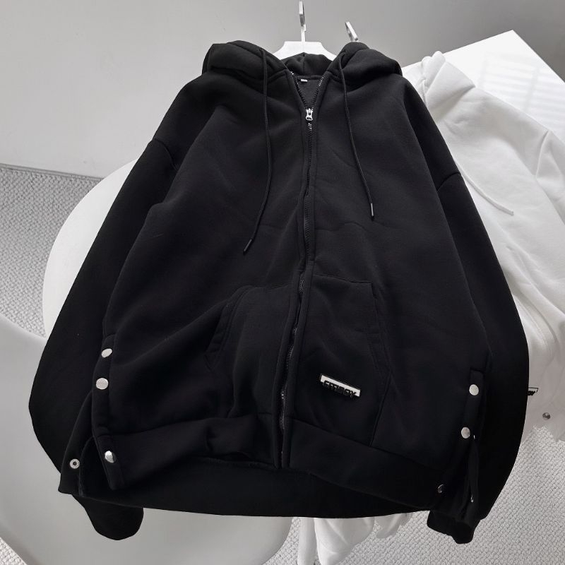 Áo khoác nỉ khuy bấm  mũ 2 lớp form dáng rộng unisex dành cho nam và nữ