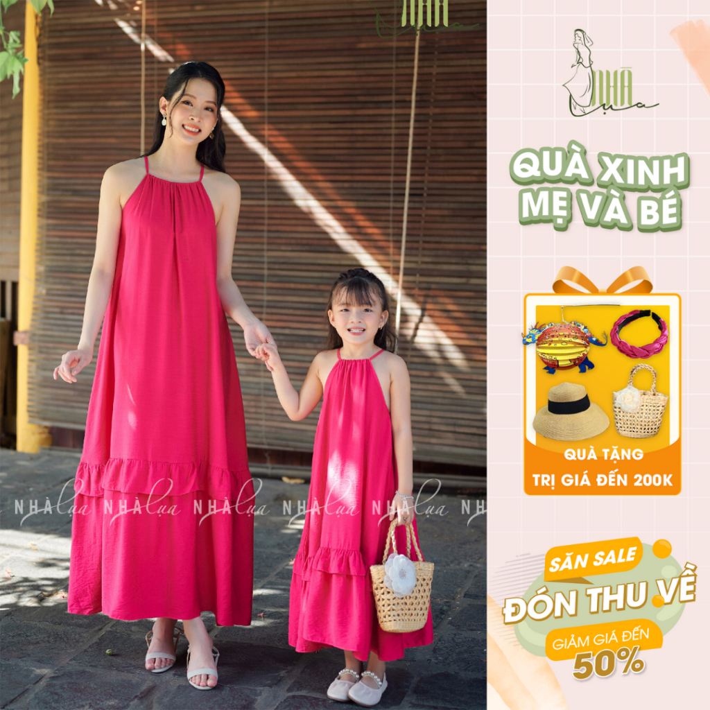 Váy đôi maxi mẹ và bé gái vải tơ Nhật Liên Hoa, Đầm maxi nữ đi biển đồ đôi mẹ con cổ yếm dáng dài - Nhà Lụa Kids