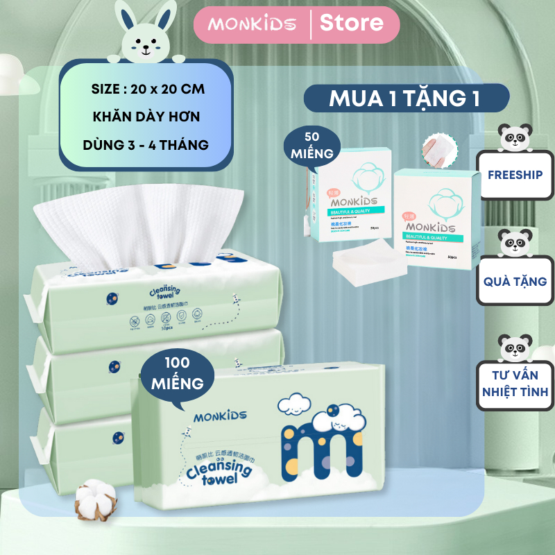 Khăn lau mặt monkids 100 miếng khăn lau mặt dùng 1 lần cotton thiết kế 2 mặt làm sách da và chăm sóc da