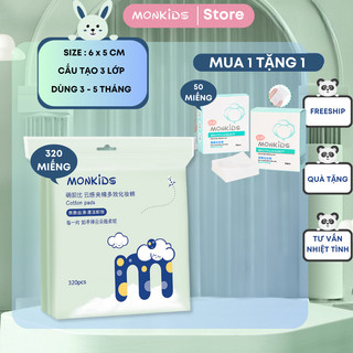 Bịch lớn Bông tẩy trang 320 miếng 3 lớp MONKIDS 320 miếng bông tẩy trang cotton tự nhiên dày bám dính chất tẩy trang tốt