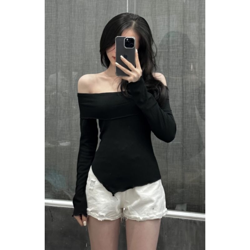 Áo trễ vai tay dài nhà Ne Ne chất gân co giãn tốt freesize dưới 55kg