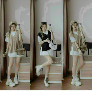 Set bộ thời trang nữ kèm áo khoác thun gân sang chảnh chất cotton lạnh cổ tròn tay ngắn váy lưng thun xoè mini