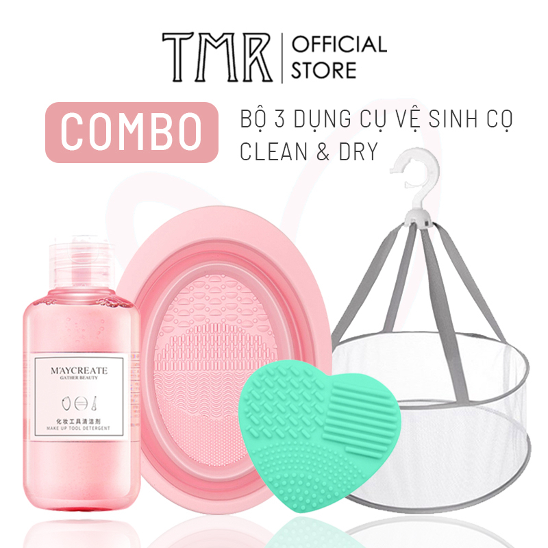 Bộ 3 dụng cụ vệ sinh cọ trang điểm TMR Clean and Dry Combo set giỏ phơi cọ, nước rửa cọ tiện lợi