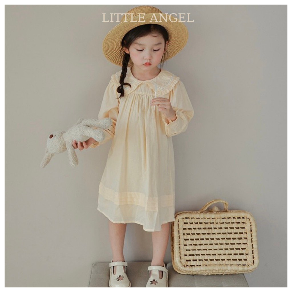 Váy bé gái mùa thu phong cách tiểu thư, cổ bèo thêu hoạ tiết dễ thương size 10-40kg