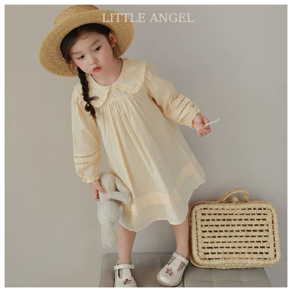 Váy bé gái mùa thu phong cách tiểu thư, cổ bèo thêu hoạ tiết dễ thương size 10-40kg