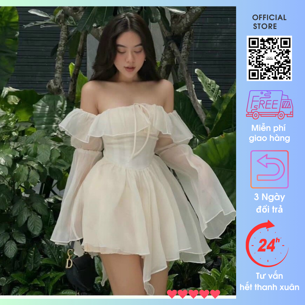 Váy Xòe Trễ Vai Voan Tơ Bồng Tay Loe Corset Eo Tiểu Thư Công Chúa Đi Chơi Chụp Ảnh Xuất Sắc